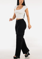 Short Sleeve Knit Crop Top Cream w Back Tie