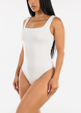 Stretchy Sleeveless Square Neck Thong Bodysuit White