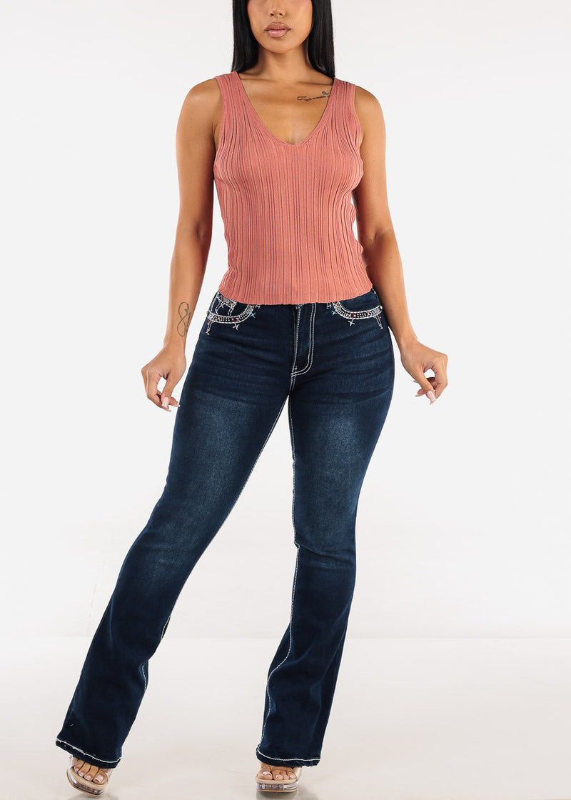 Sleeveless Vneck Knitted Stretch Top Rose
