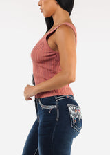 Sleeveless Vneck Knitted Stretch Top Rose