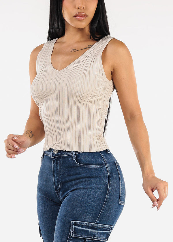 Sleeveless Vneck Knitted Stretch Top Oatmeal