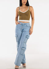 Sleeveless Vneck Layered Stretch Crop Top Olive