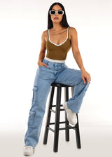 Sleeveless Vneck Layered Stretch Crop Top Olive
