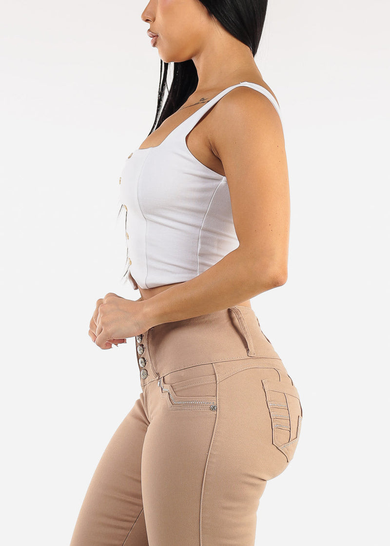 Sleeveless Square Neck White Stretchy Crop Top
