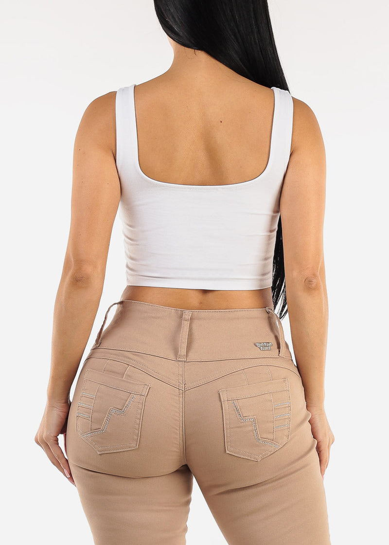 Sleeveless Square Neck White Stretchy Crop Top