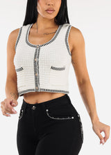 White Sleeveless Cropped Sweater Vest w Stripe Trim