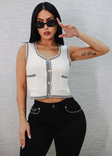 White Sleeveless Cropped Sweater Vest w Stripe Trim