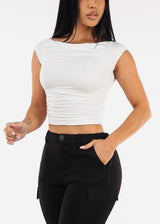 Stretchy Boat Neckline Ruched Crop Top White