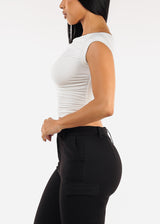 Stretchy Boat Neckline Ruched Crop Top White