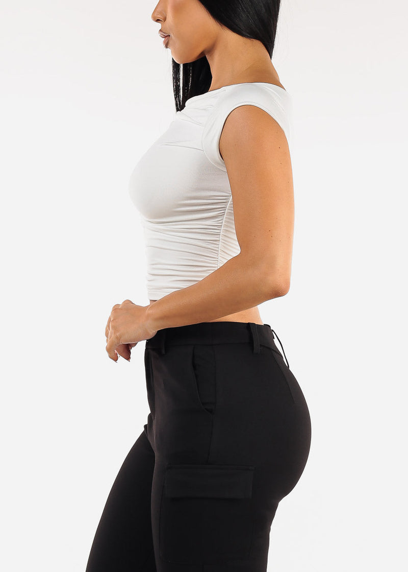Stretchy Boat Neckline Ruched Crop Top White
