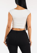 Stretchy Boat Neckline Ruched Crop Top White