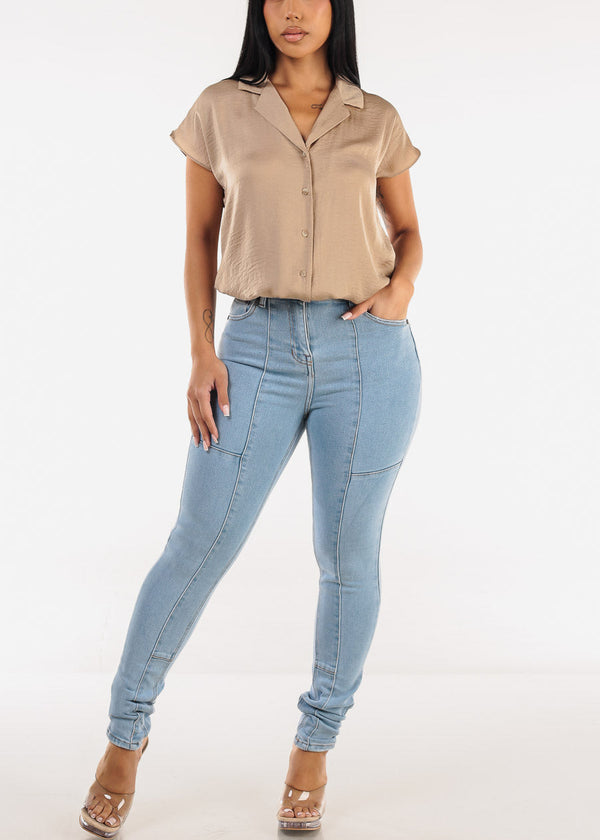Short Sleeve Round Hem Button Up Blouse Light Taupe
