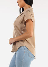 Short Sleeve Round Hem Button Up Blouse Light Taupe