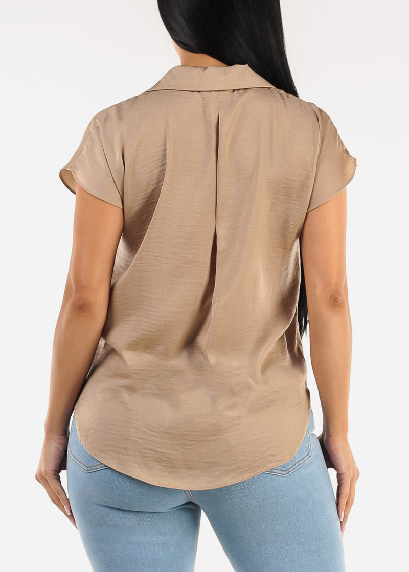 Short Sleeve Round Hem Button Up Blouse Light Taupe