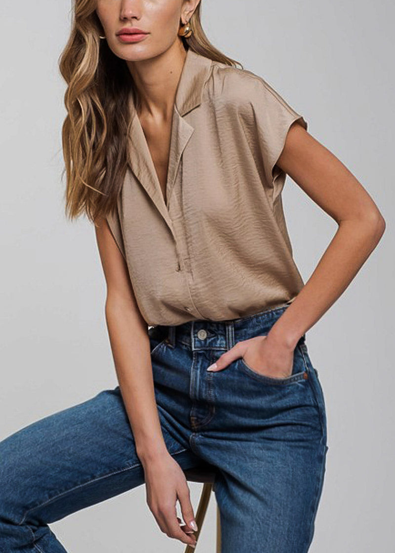 Short Sleeve Round Hem Button Up Blouse Light Taupe