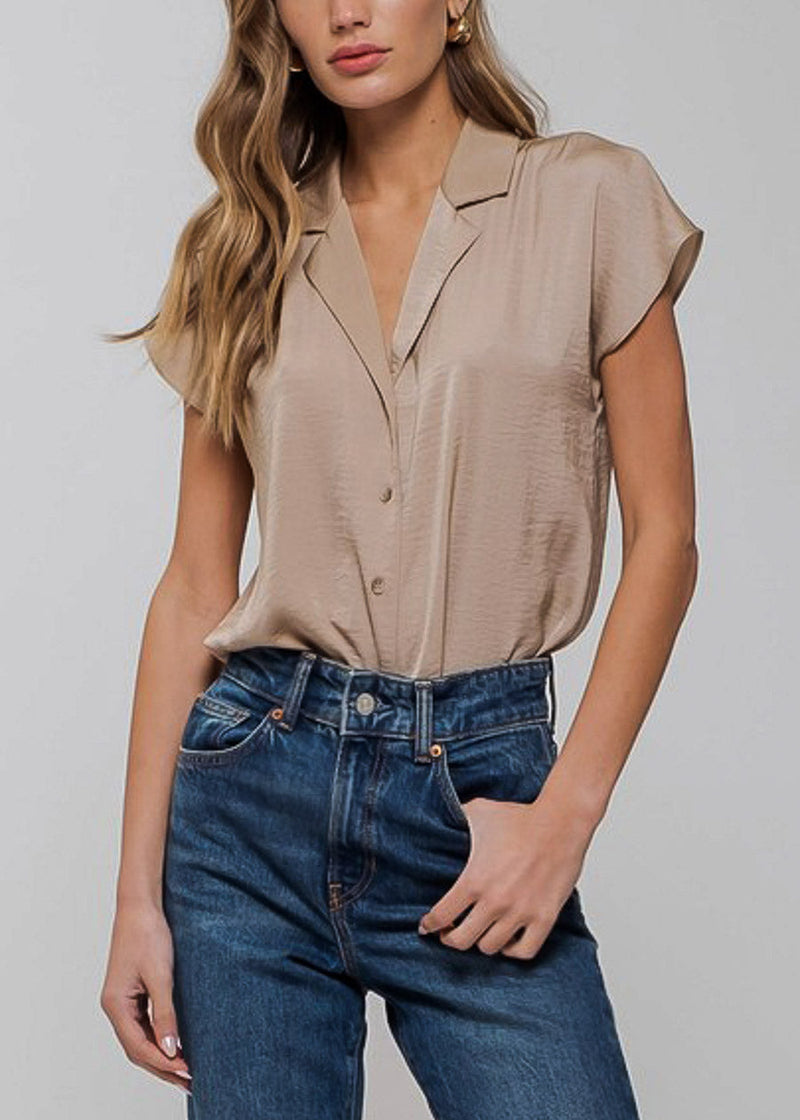 Short Sleeve Round Hem Button Up Blouse Light Taupe