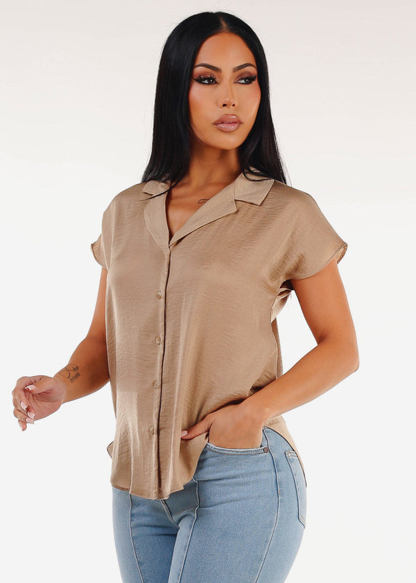 Short Sleeve Round Hem Button Up Blouse Light Taupe