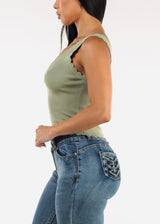 Sleeveless Vneck Stretchy Blouse Light Olive w Scallop Trim
