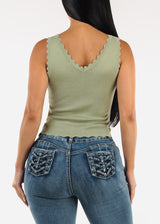 Sleeveless Vneck Stretchy Blouse Light Olive w Scallop Trim