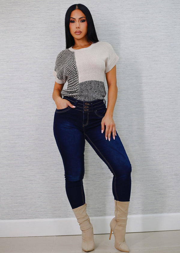 Short Sleeve Colorblock Printed Sweater Top Black & Beige