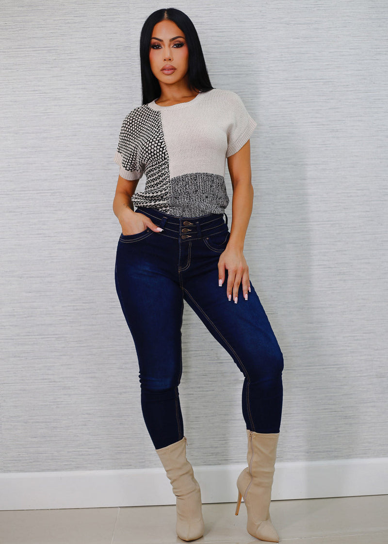 Short Sleeve Colorblock Printed Sweater Top Black & Beige
