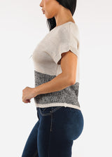 Short Sleeve Colorblock Printed Sweater Top Black & Beige