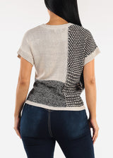 Short Sleeve Colorblock Printed Sweater Top Black & Beige