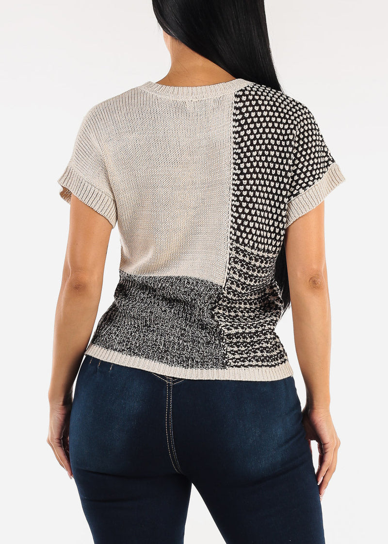 Short Sleeve Colorblock Printed Sweater Top Black & Beige