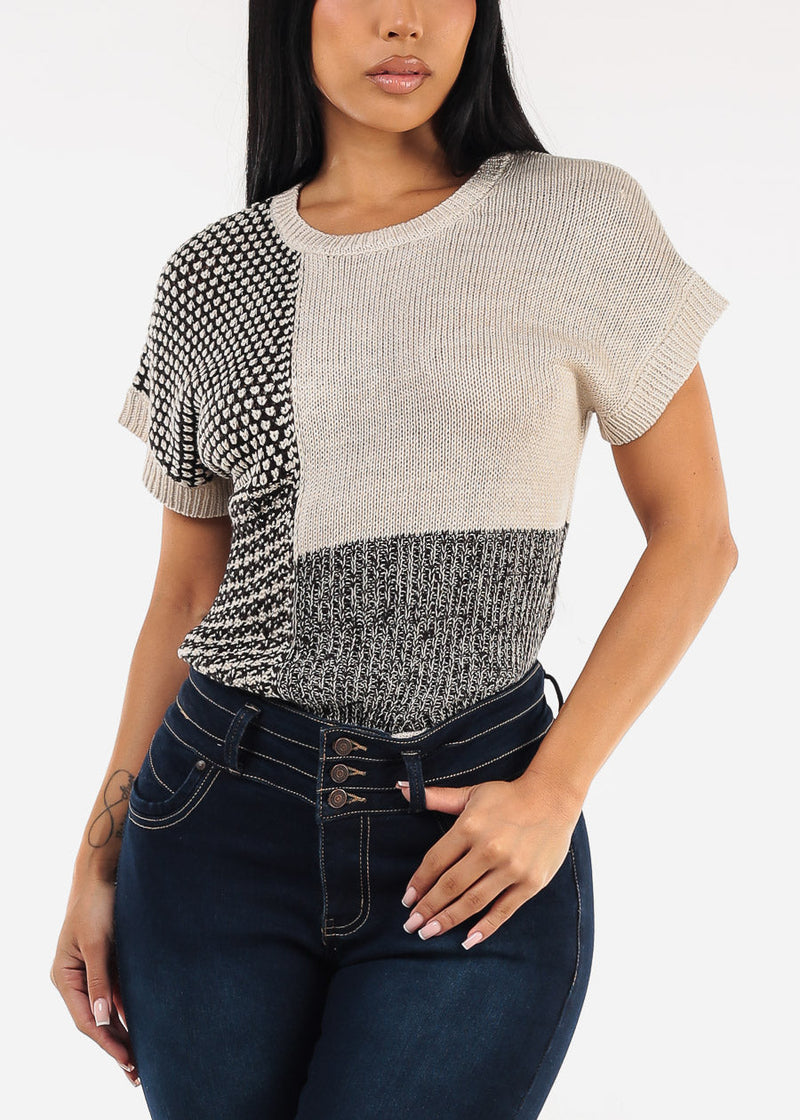 Short Sleeve Colorblock Printed Sweater Top Black & Beige