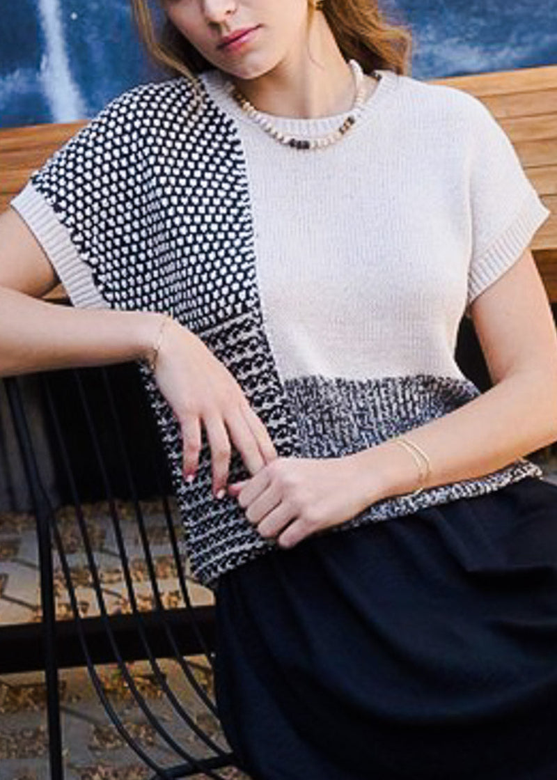 Short Sleeve Colorblock Printed Sweater Top Black & Beige