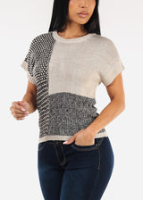 Short Sleeve Colorblock Printed Sweater Top Black & Beige