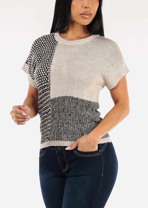 Short Sleeve Colorblock Printed Sweater Top Black & Beige