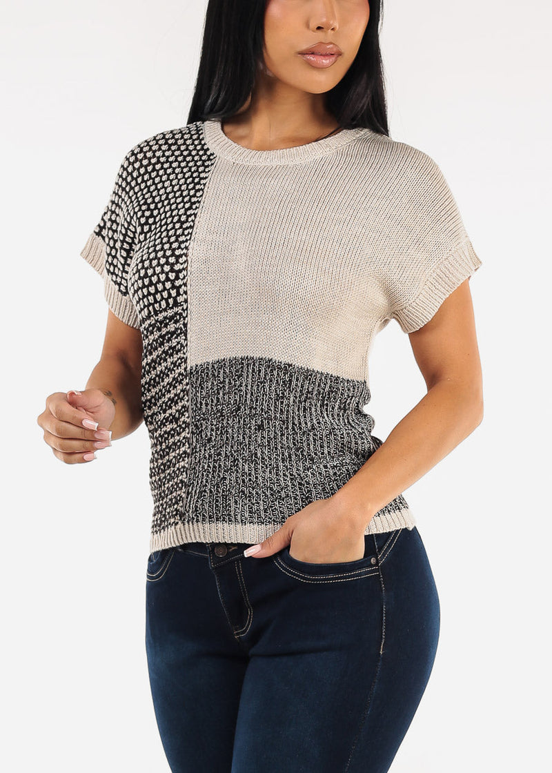 Short Sleeve Colorblock Printed Sweater Top Black & Beige