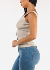 Stretchy Sleeveless Vneck Ribbed Top Beige