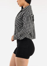 Cropped Long Sleeve Plaid Shacket Black & White