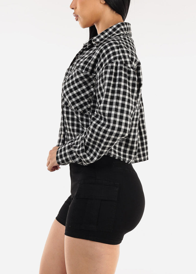 Cropped Long Sleeve Plaid Shacket Black & White