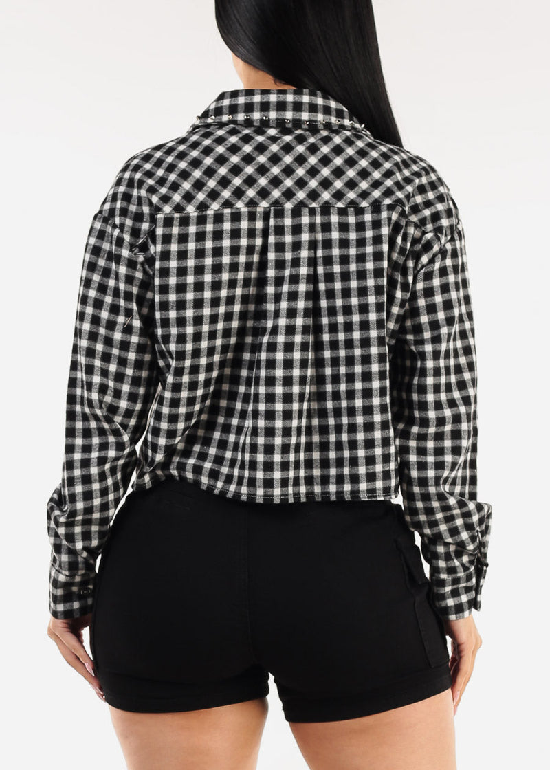 Cropped Long Sleeve Plaid Shacket Black & White