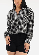 Cropped Long Sleeve Plaid Shacket Black & White