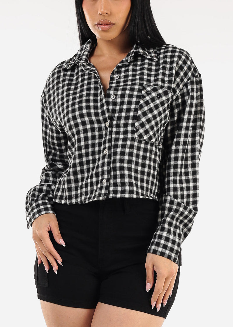 Cropped Long Sleeve Plaid Shacket Black & White