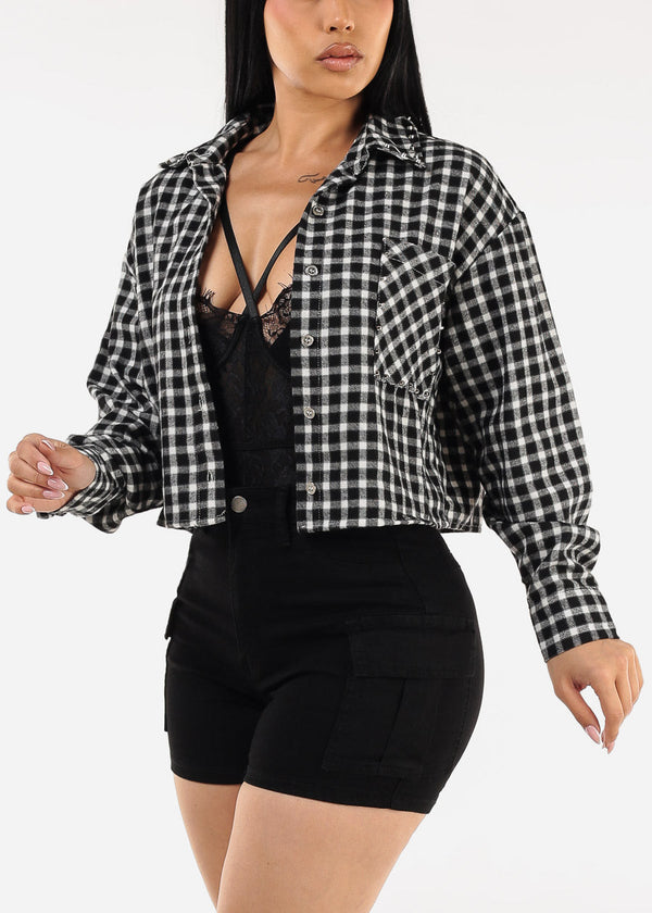 Cropped Long Sleeve Plaid Shacket Black & White