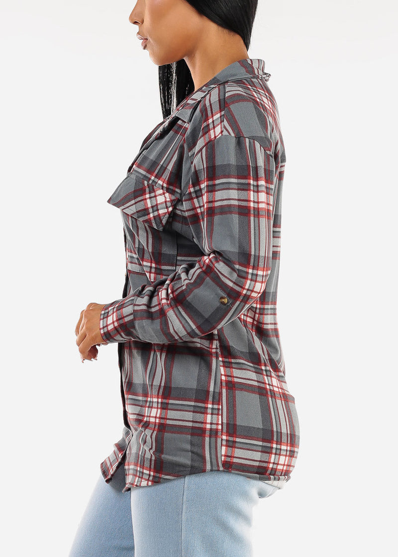 Oversized Plaid Button Down Shacket Grey