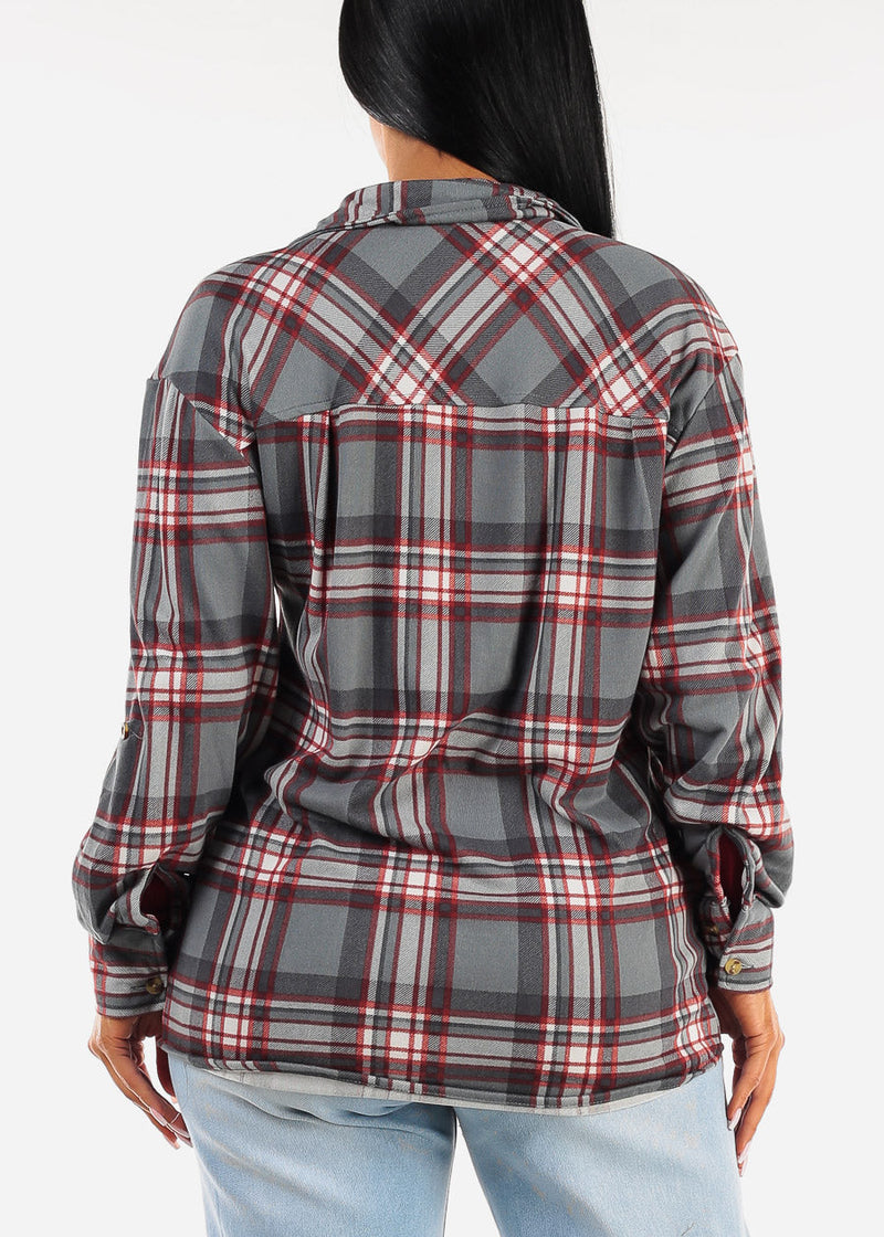 Oversized Plaid Button Down Shacket Grey