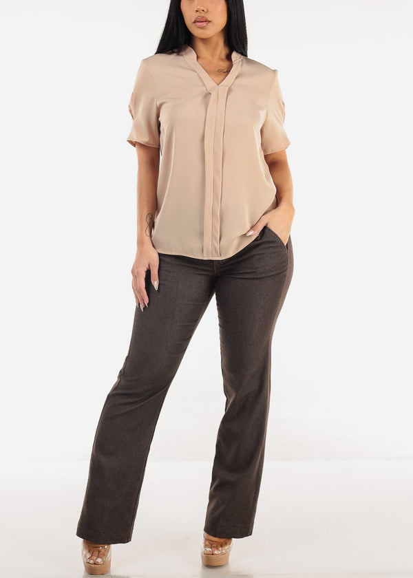 Short Sleeve V-Neck Blouse Khaki