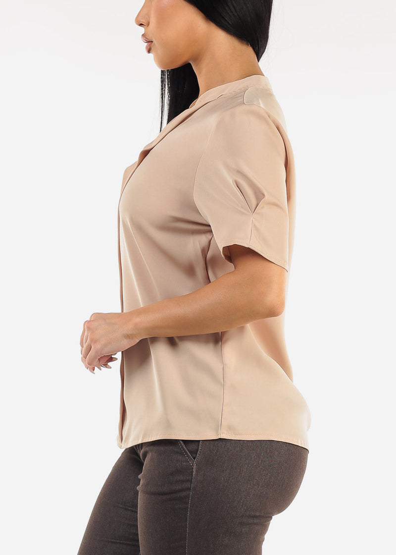 Short Sleeve V-Neck Blouse Khaki