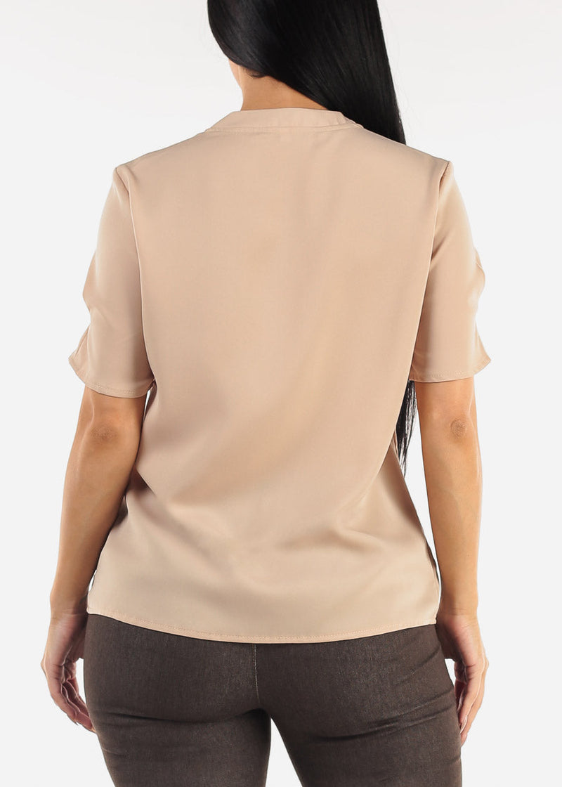 Short Sleeve V-Neck Blouse Khaki