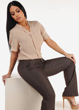 Short Sleeve V-Neck Blouse Khaki