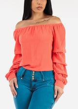 Off Shoulder Long Sleeve Top Coral