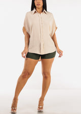 Short Sleeve Button Up Loose Fit Blouse Beige