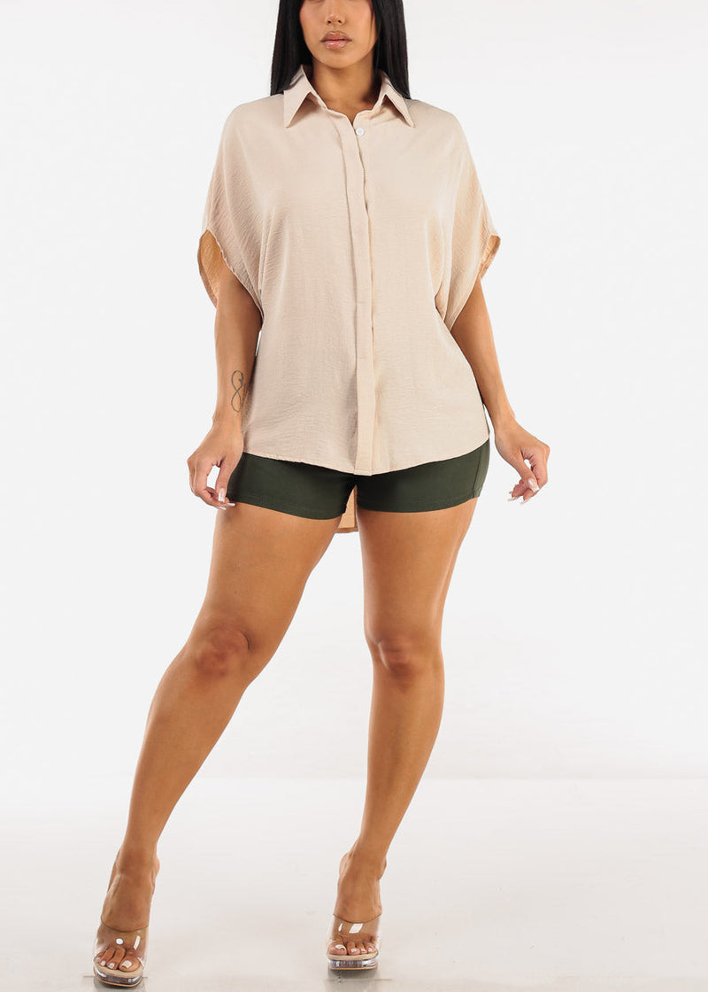 Short Sleeve Button Up Loose Fit Blouse Beige