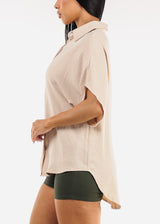 Short Sleeve Button Up Loose Fit Blouse Beige